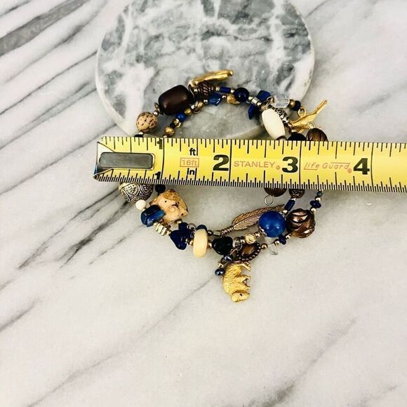 Double Wrap Gemstone Bracelet | Blue Beaded Gold Dangle Charms | Native American - Picture 6 of 6